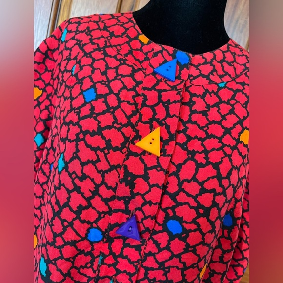 Vintage Anne Crimmins for UMI Collections Triangles Buttons Red Silk Dress Sz 14 - Picture 2 of 12